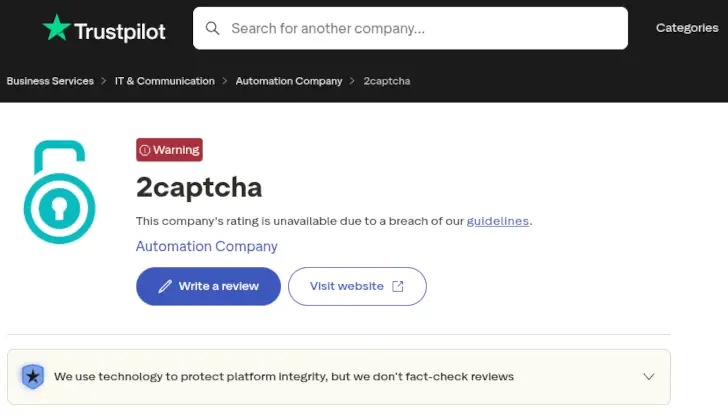 2Captcha di Trustpilot