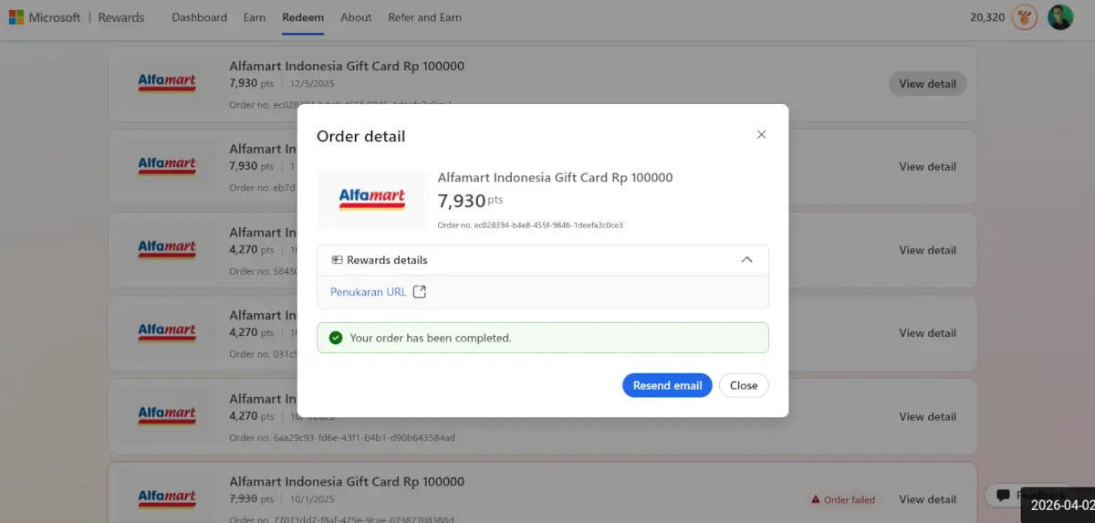 bukti penukaran poin Microsoft Rewards