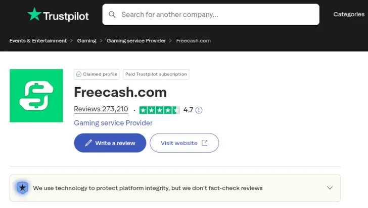 Freecash di Trustpilot