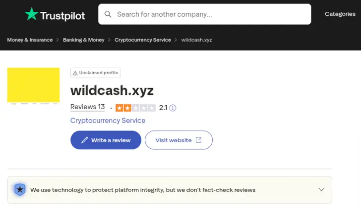 Wild Cash di Trustpilot