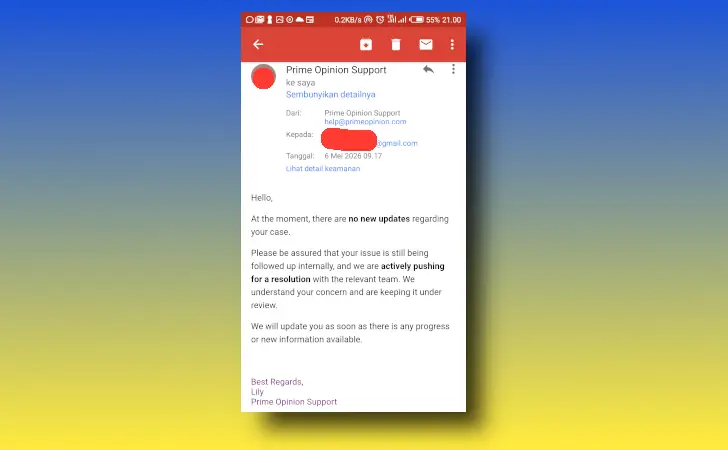 balasan email tim support Prime Opinion