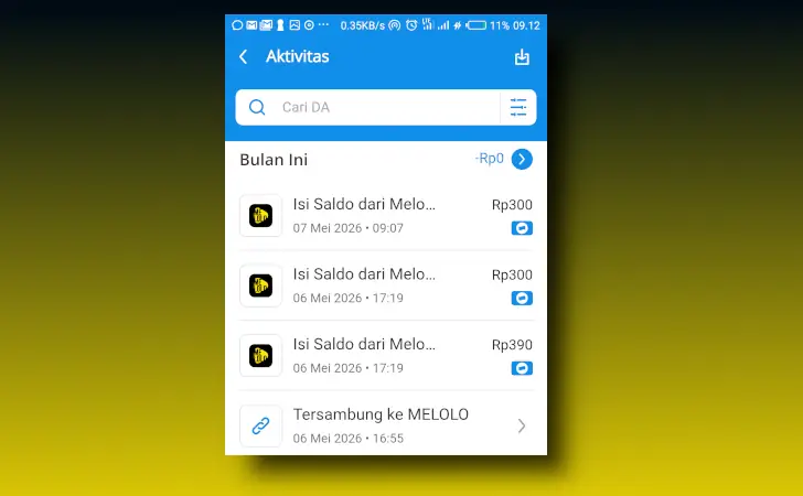 pengalaman menggunakan Melolo dibayar ke DANA
