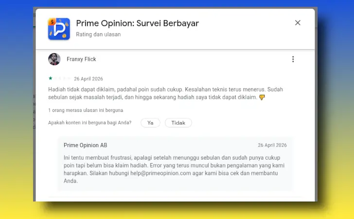 testimoni pengguna Prime Opinion di Google Play