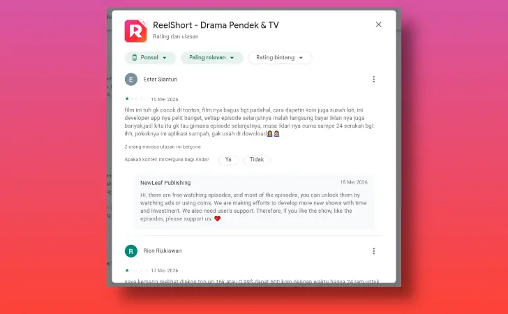 testimoni ReelShort di Google Play Store