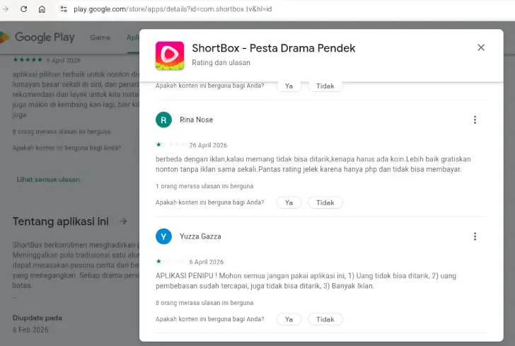 testimoni ShortBox di Google Play