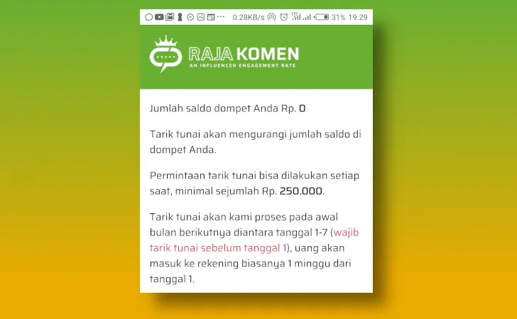 minimum penarikan RajaKomen