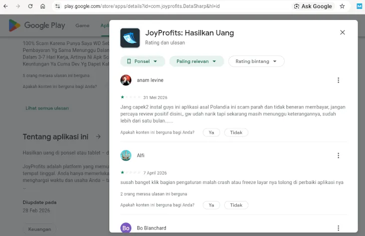 testimoni JoyProfits di Google Play Store
