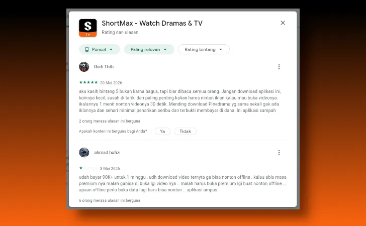 testimoni ShortMax di Google Play