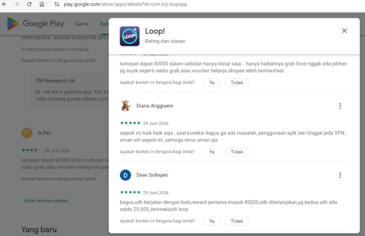 testimoni Loop di Google Play Store